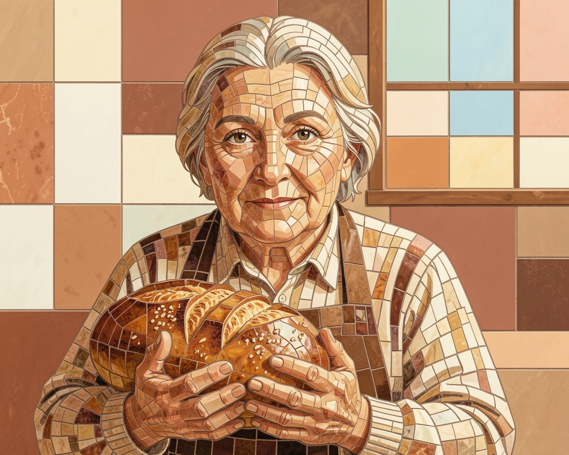 A close-up emotional portrait of a grandmother baking bread in a warm rustic farmhouse kitchen, with striking eyes and gentle expression.