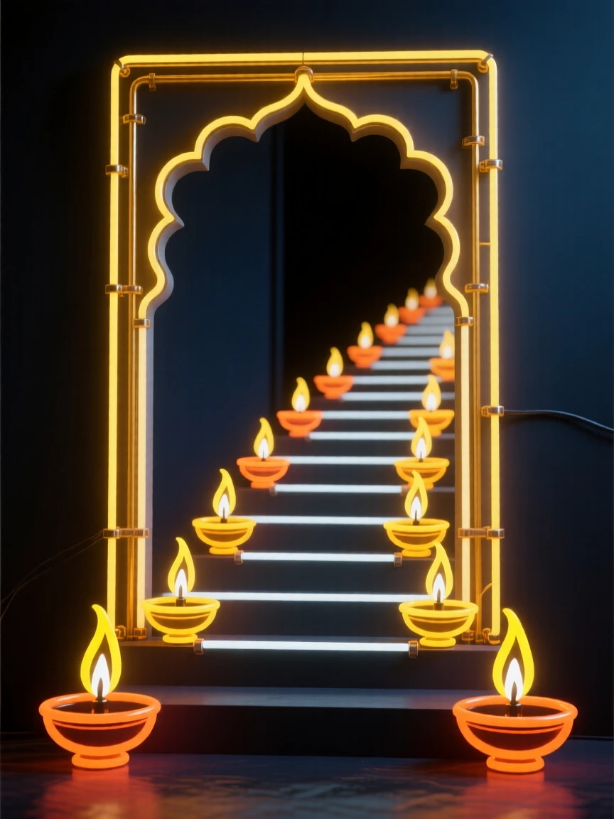 A Diwali celebration with rows of small oil lamps lining a doorway.