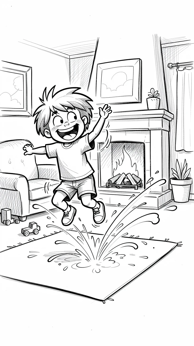 A child jumping through a sprinkler on a hot day in a cozy living room by the fireplace.