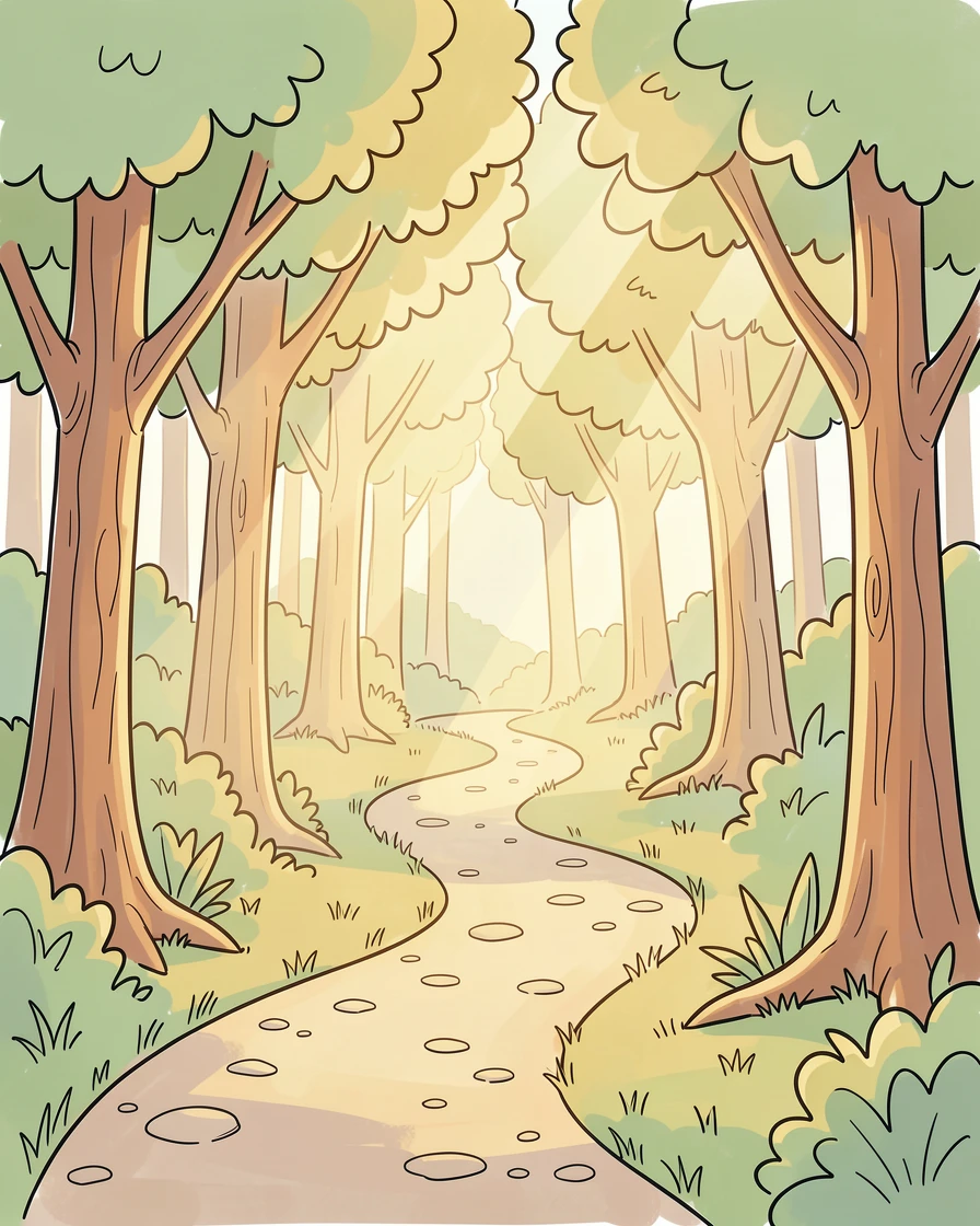 A woodland path lit by scattered rays of golden late-afternoon sun.