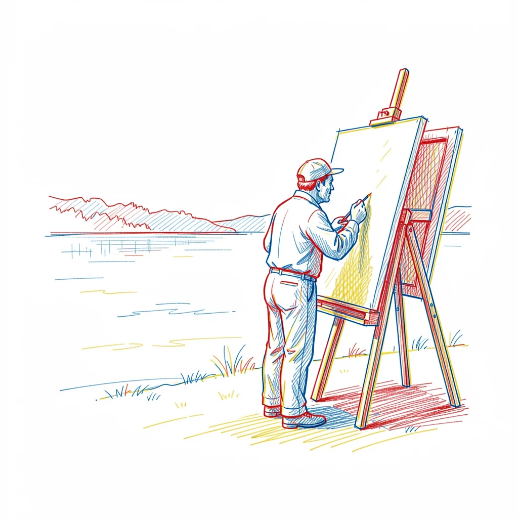 A painter working on a large canvas outdoors, easel facing a lake view
