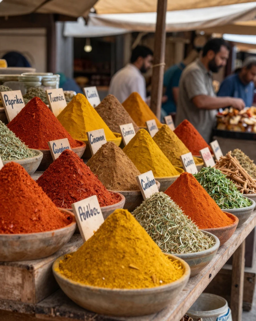 A spice market stall piled high with vivid colored powders