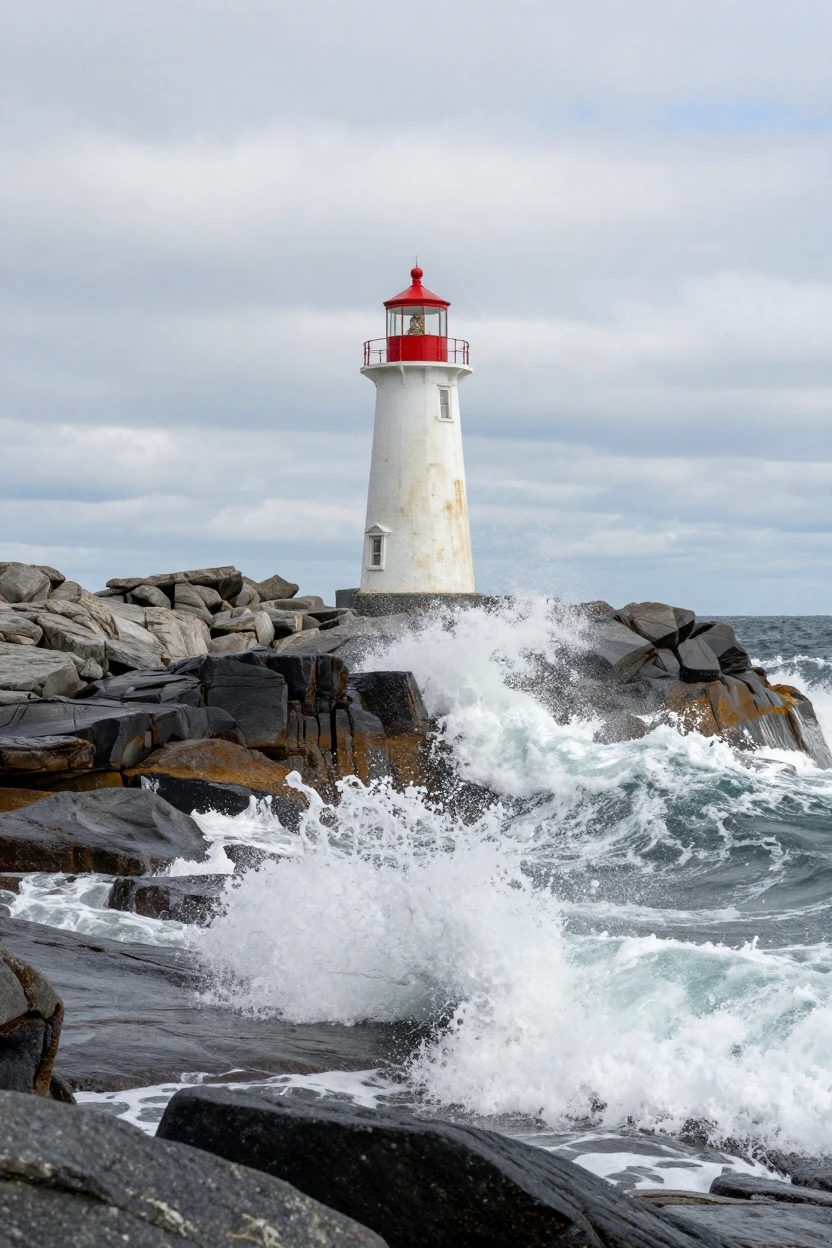 A single lighthouse stands against crashing waves on a rocky point.
