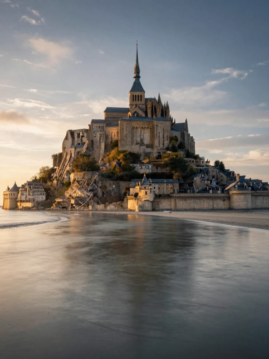 Mont Saint-Michel rising from tidal flats surrounded by shimmering water