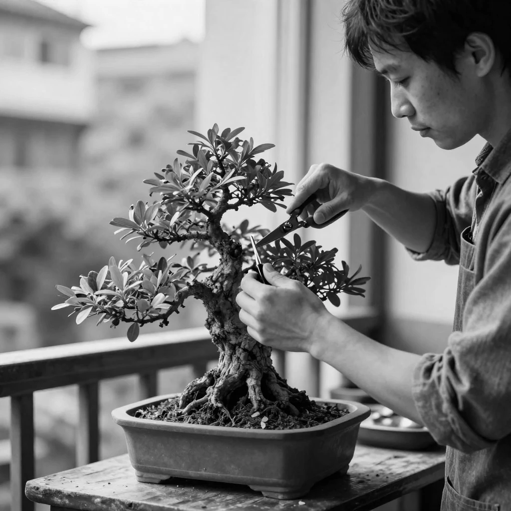 A bonsai gardener trims a tiny tree with careful precision on a peaceful balcony.