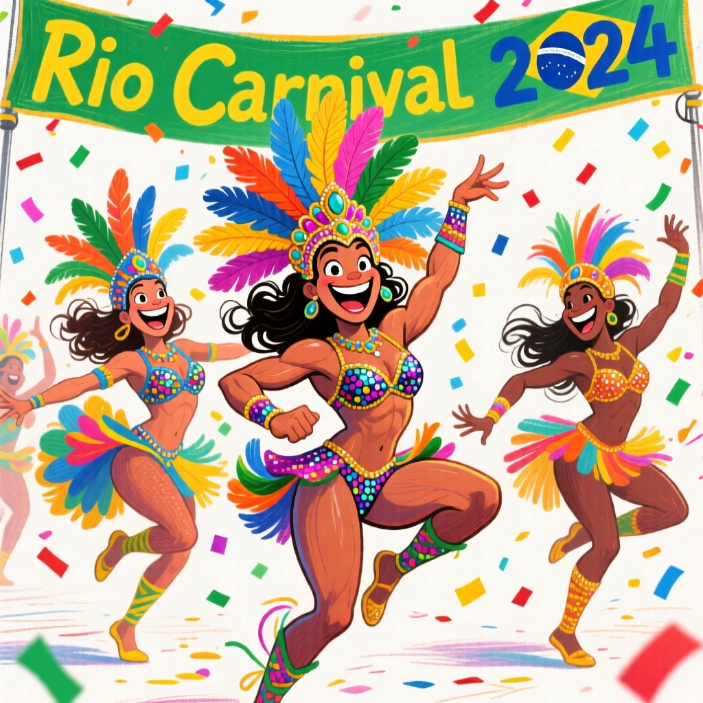 Dancers in vibrant costumes performing at a Rio Carnival parade, feathers and sequins flashing.