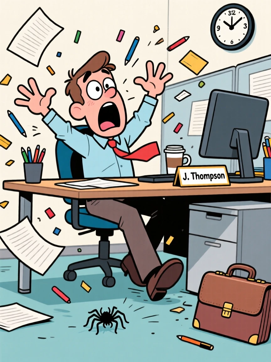 A funny expressive moment showing a office worker overreacting dramatically to a tiny spider, as papers and belongings scatter everywhere.
