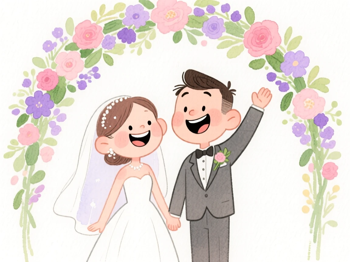 A joyful celebration scene of a wedding scene with a couple under a floral arch, radiating cozy holiday cheer