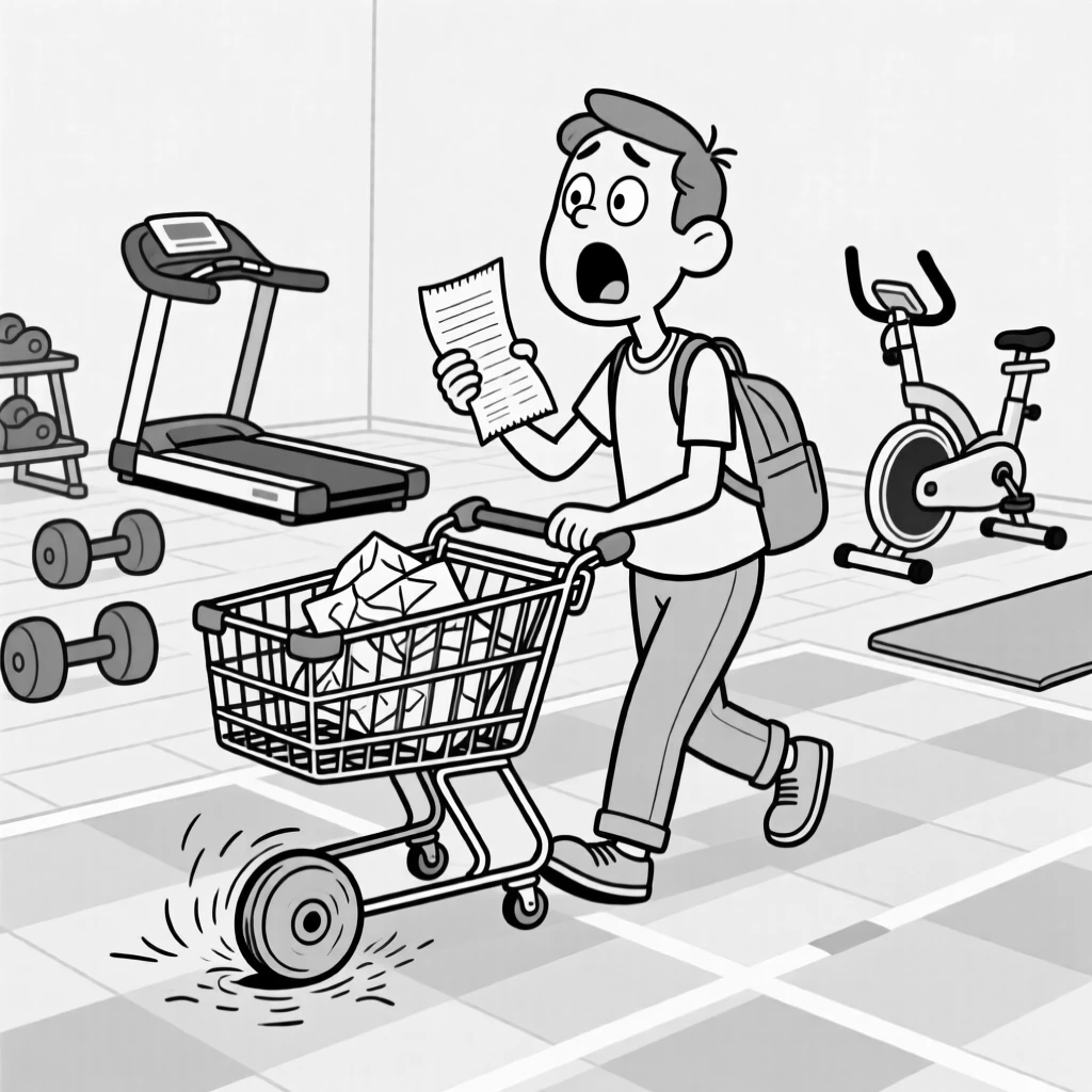 A shopper wheeling a cart with one comically squeaky wheel, gasping and clutching the receipt like a horror prop, set on a gym floor surrounded by unused equipment. A shopping cart wheel spins uselessly in place. The scene captures the comedy hidden in ordinary days.