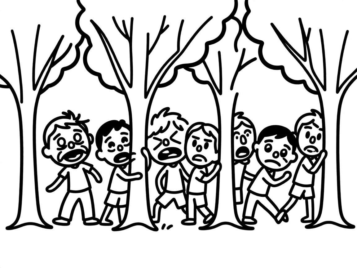A group of children playing hide and seek behind a row of backyard trees.