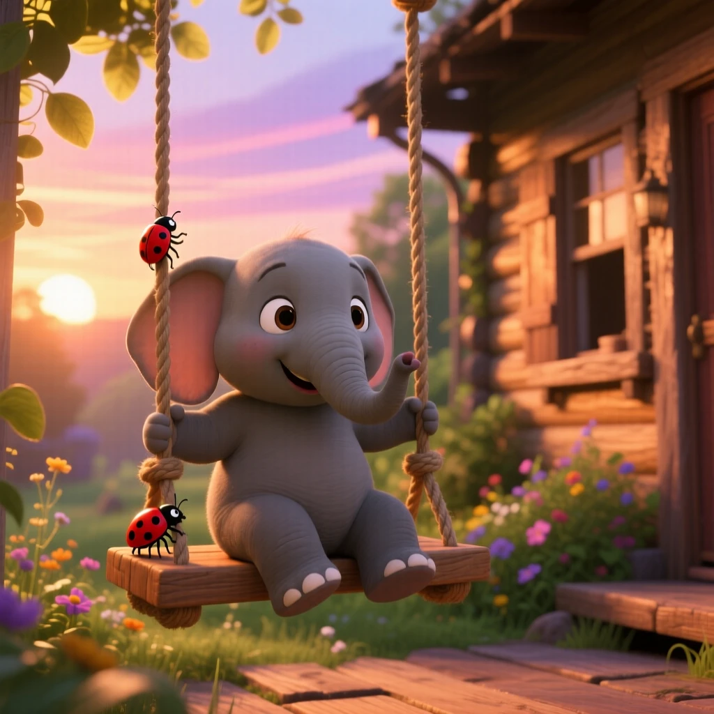 A baby elephant is sitting on a porch swing at sunset, watching a ladybug crawl by. A quiet, comforting sweetness surrounds the scene, with soft light catching its fur.