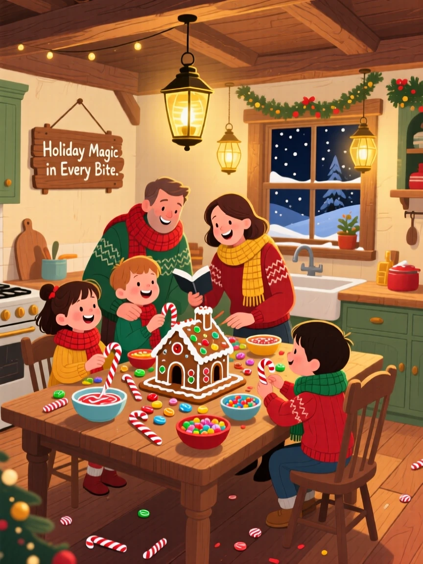 Carolers bundled in scarves spend the evening decorating gingerbread houses at the kitchen table in a family farmhouse, as golden lanterns glow warmly.