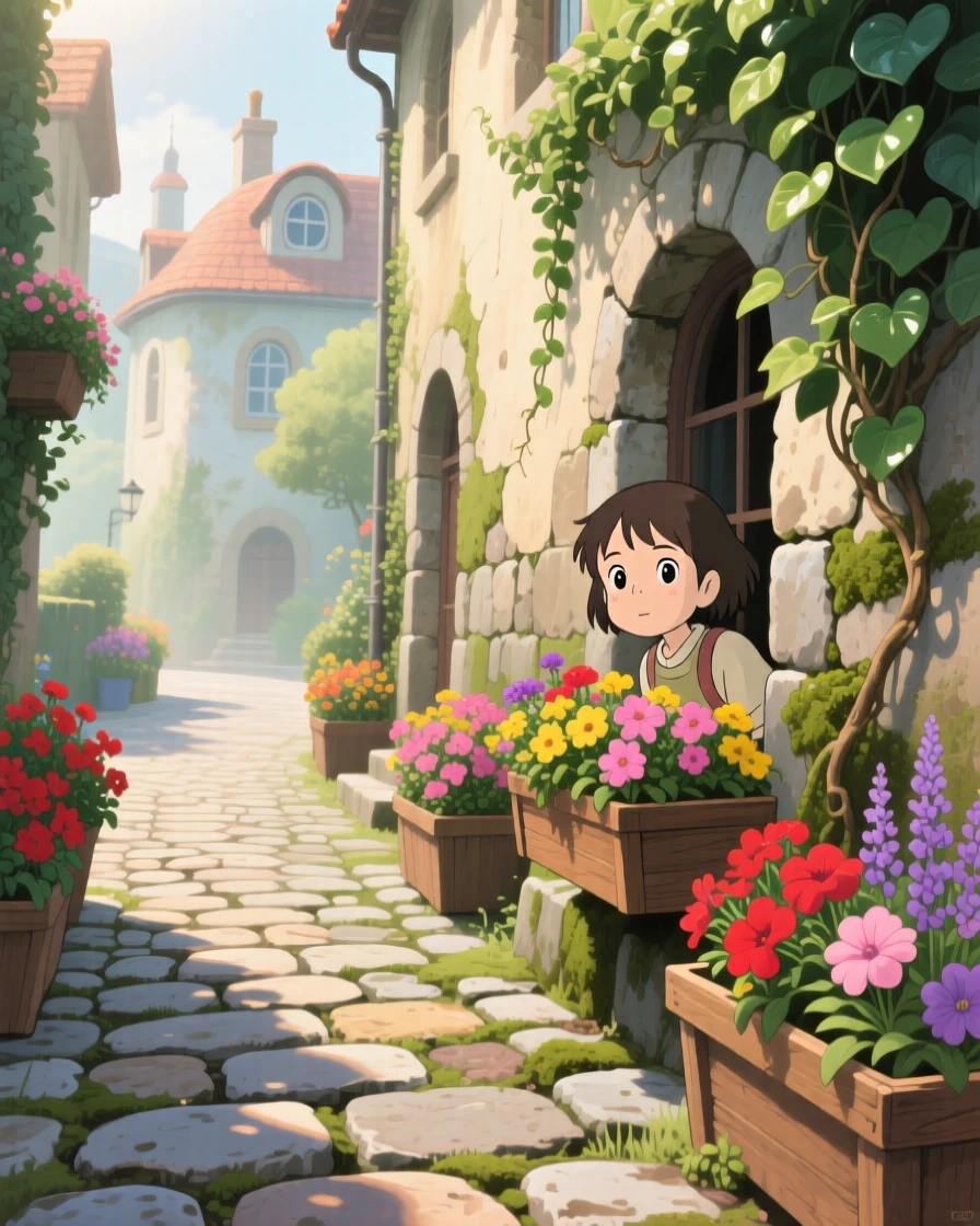 A cobblestone street lined with flower boxes, with ivy climbing up the side of an old stone wall, in the soft morning light.