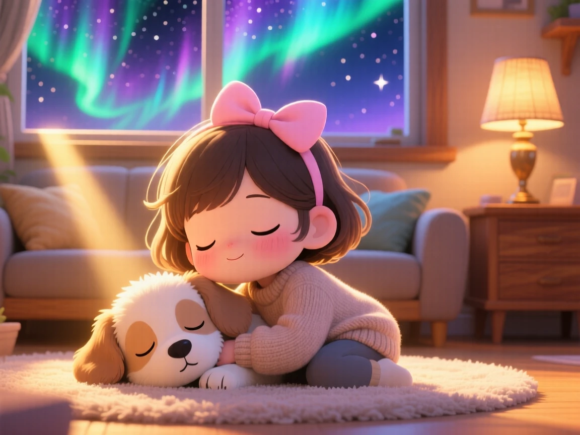 A small girl and her puppy napping together in a sunbeam, framed as a close-up portrait within a cozy living room, beneath swirling aurora-lit skies, glowing under warm lamplight, evoking sleepy relaxation.