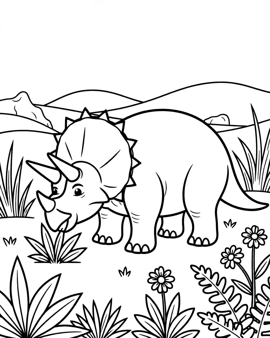 A friendly Triceratops grazing in a prehistoric meadow