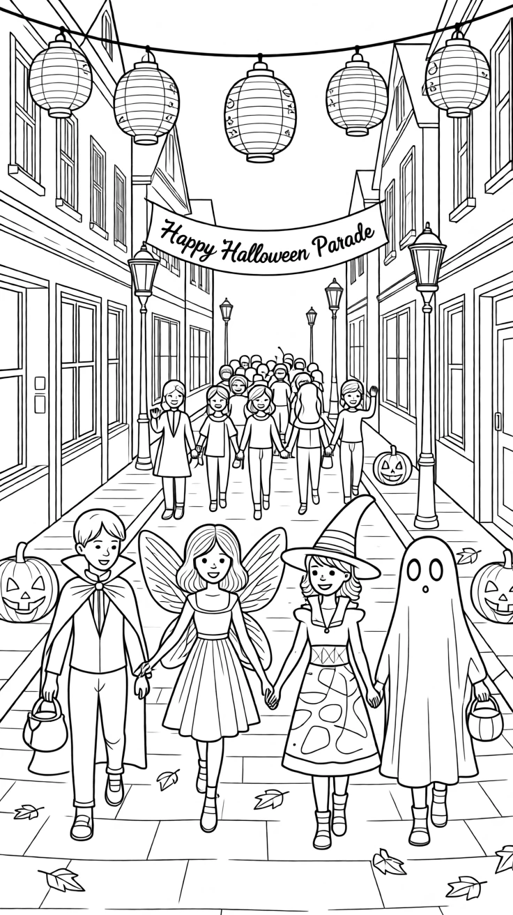 A Halloween costume parade through a lantern-lit street, with warm lantern light glowing across the scene.