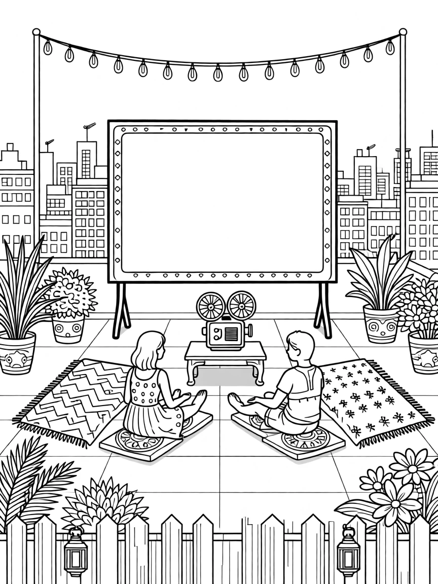 A summer rooftop movie night scene with string lights and blankets.