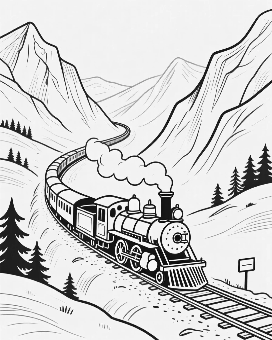 A steam train winding through a scenic mountain valley