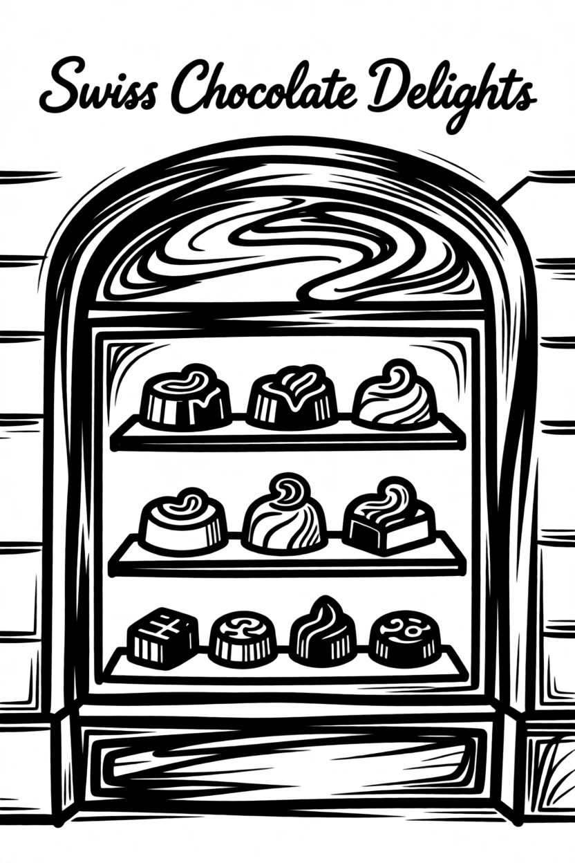 A Swiss chocolate shop window filled with intricately decorated confections.