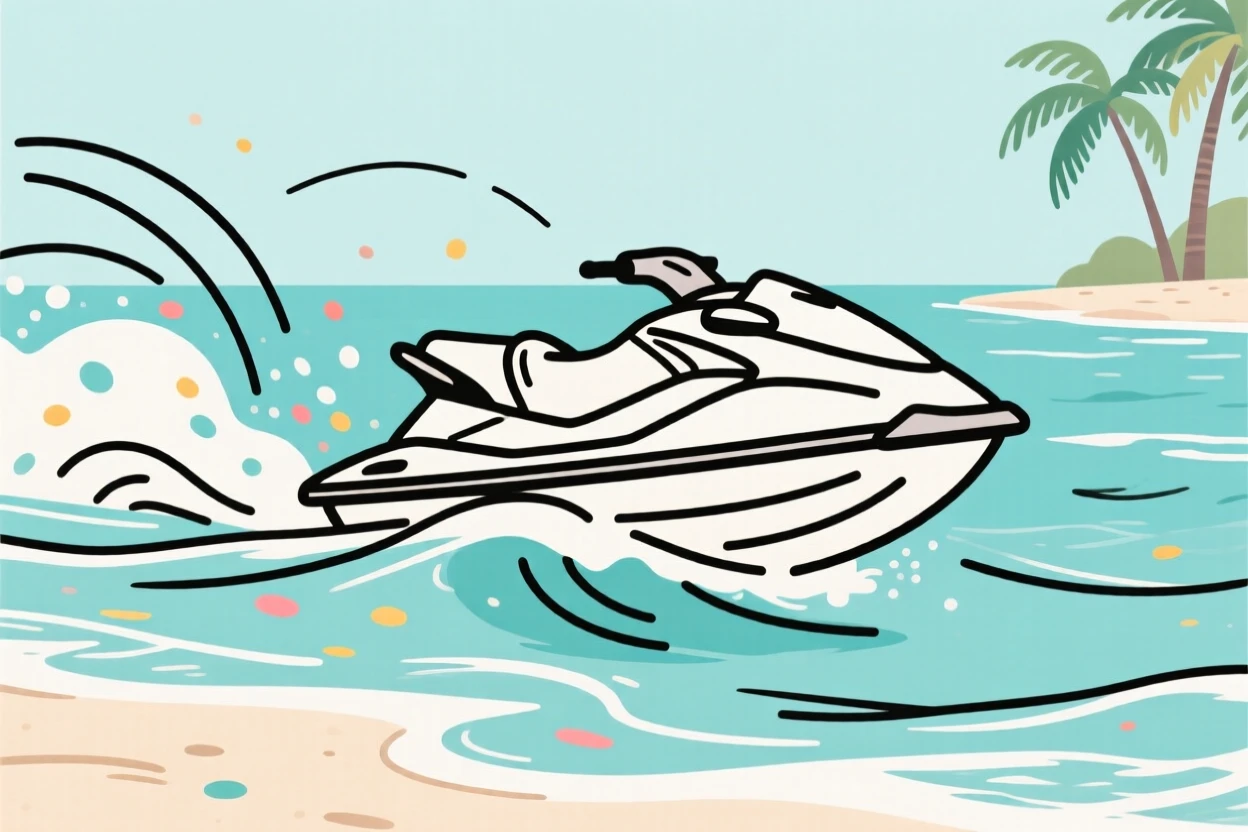 A jet ski cutting through waves along a tropical coastline.