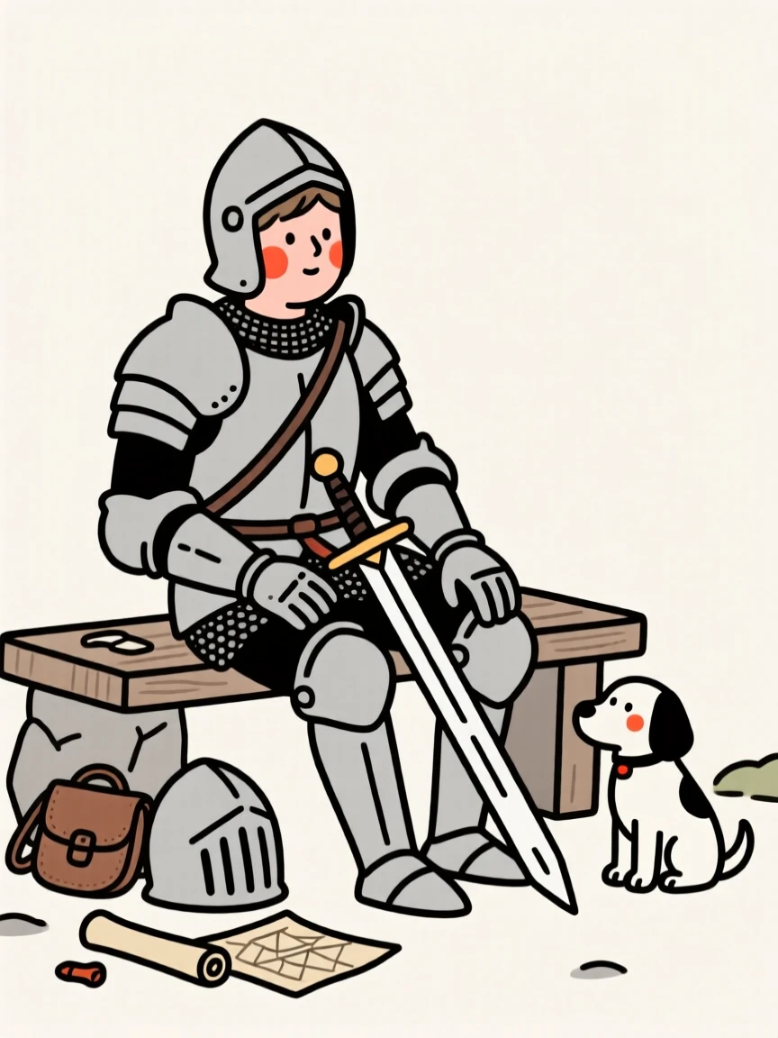 A medieval knight resting after a journey, full of curious wonder.
