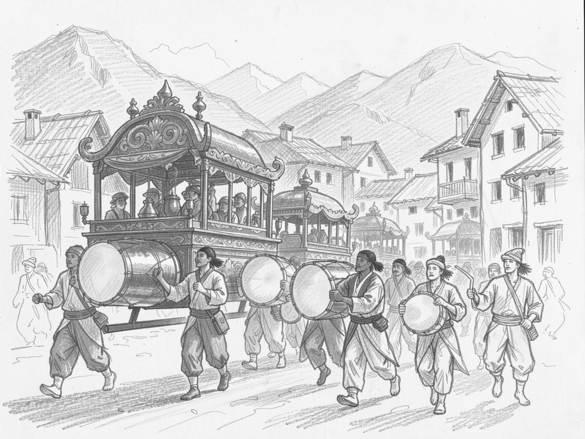 A rich travel moment capturing performers marching with vivid floats and drums in a remote mountain village, with golden light glinting off polished brass.