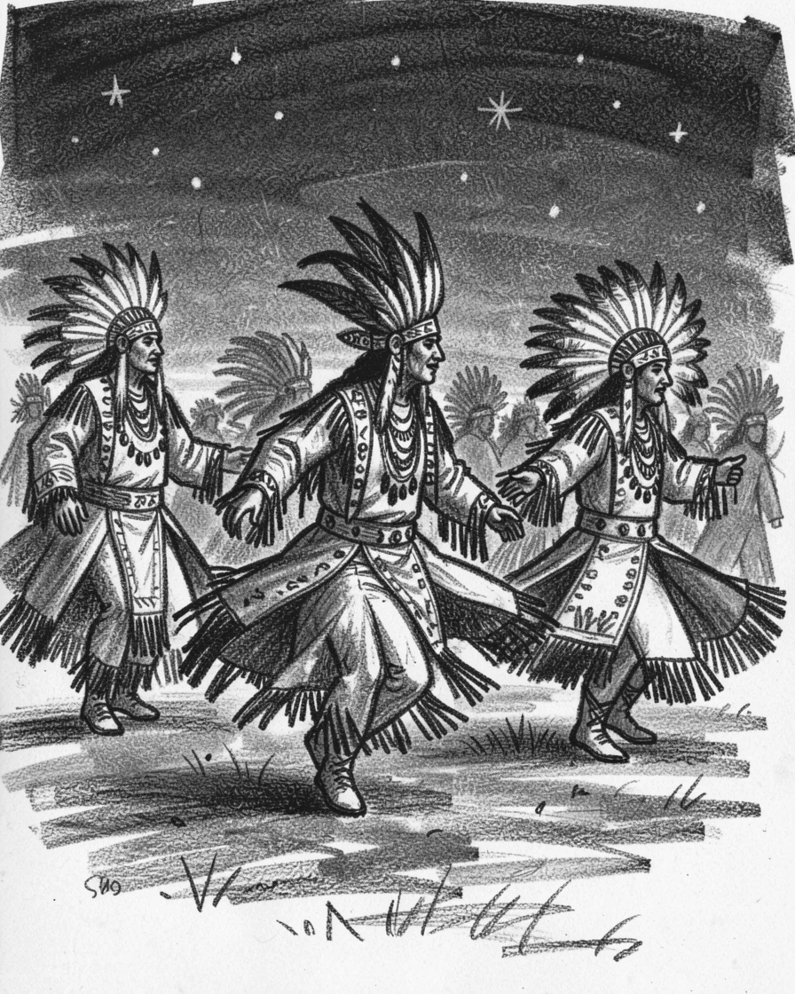 A Native American powwow with dancers in full regalia, as the first stars appear overhead.