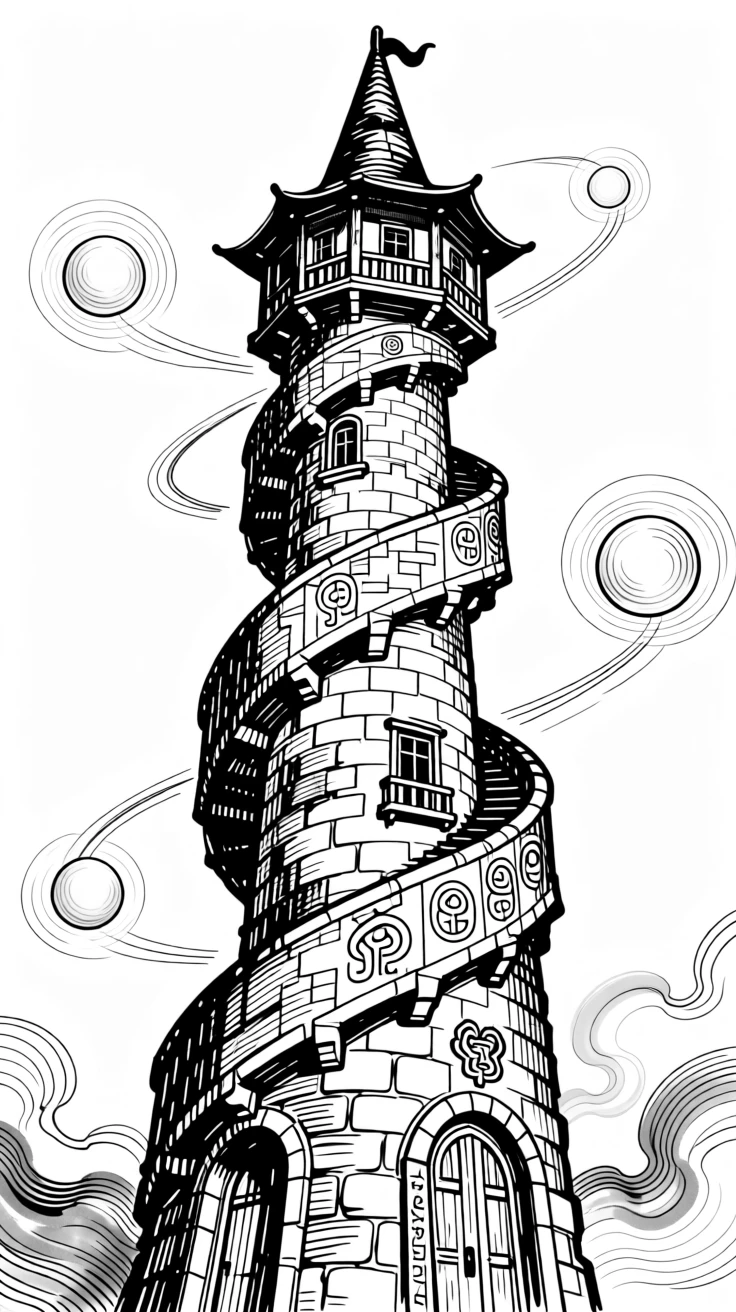 A wizard's tower spiraling upward, surrounded by orbiting glowing orbs.