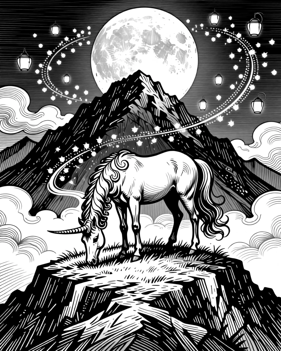 A unicorn grazing in a moonlit clearing atop a mountain wrapped in clouds, with fireflies swirling like tiny lanterns, forming a mysterious and enchanting fantasy scene.