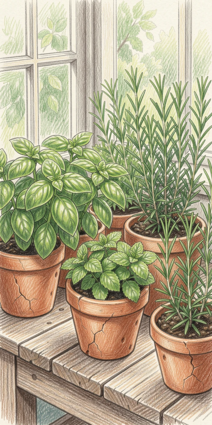 An herb garden with rows of basil, mint, and rosemary in terracotta pots, captured in a quiet, intimate moment full of atmosphere, radiating comfort, joy, and quiet beauty.