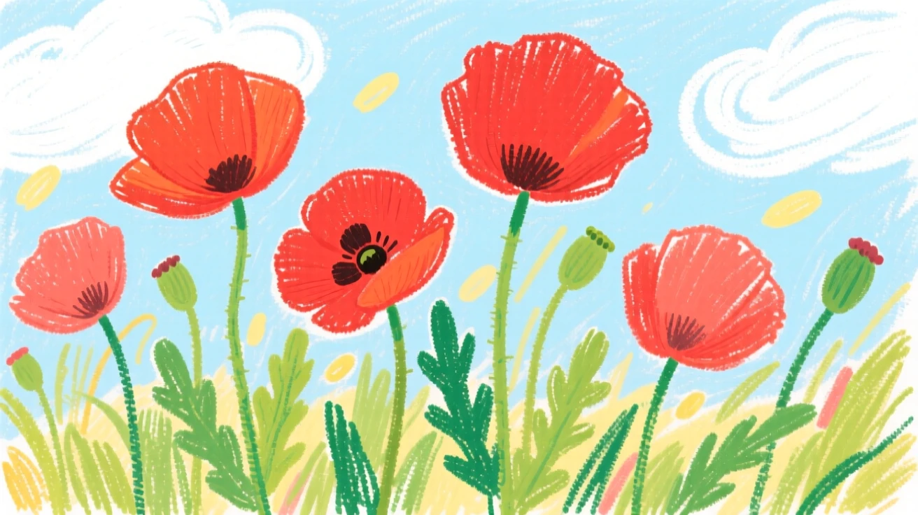 Wild poppies swaying in a warm summer breeze.