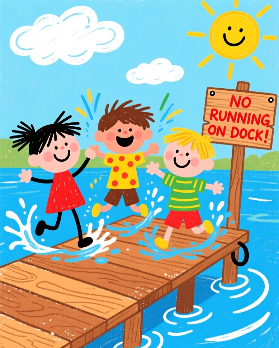 Children splashing each other playfully at a lakeside dock.