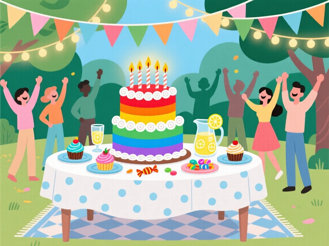 A birthday table set with a colorful layered cake and candles, set within a beautifully decorated outdoor venue, framed to highlight the excitement of the special occasion, with a joyful sense of togetherness and celebration.