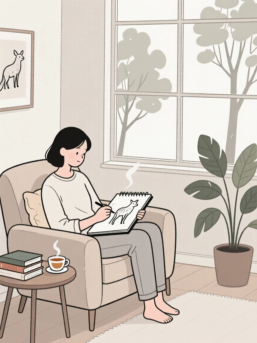 A person sketching wildlife in a cozy reading nook.