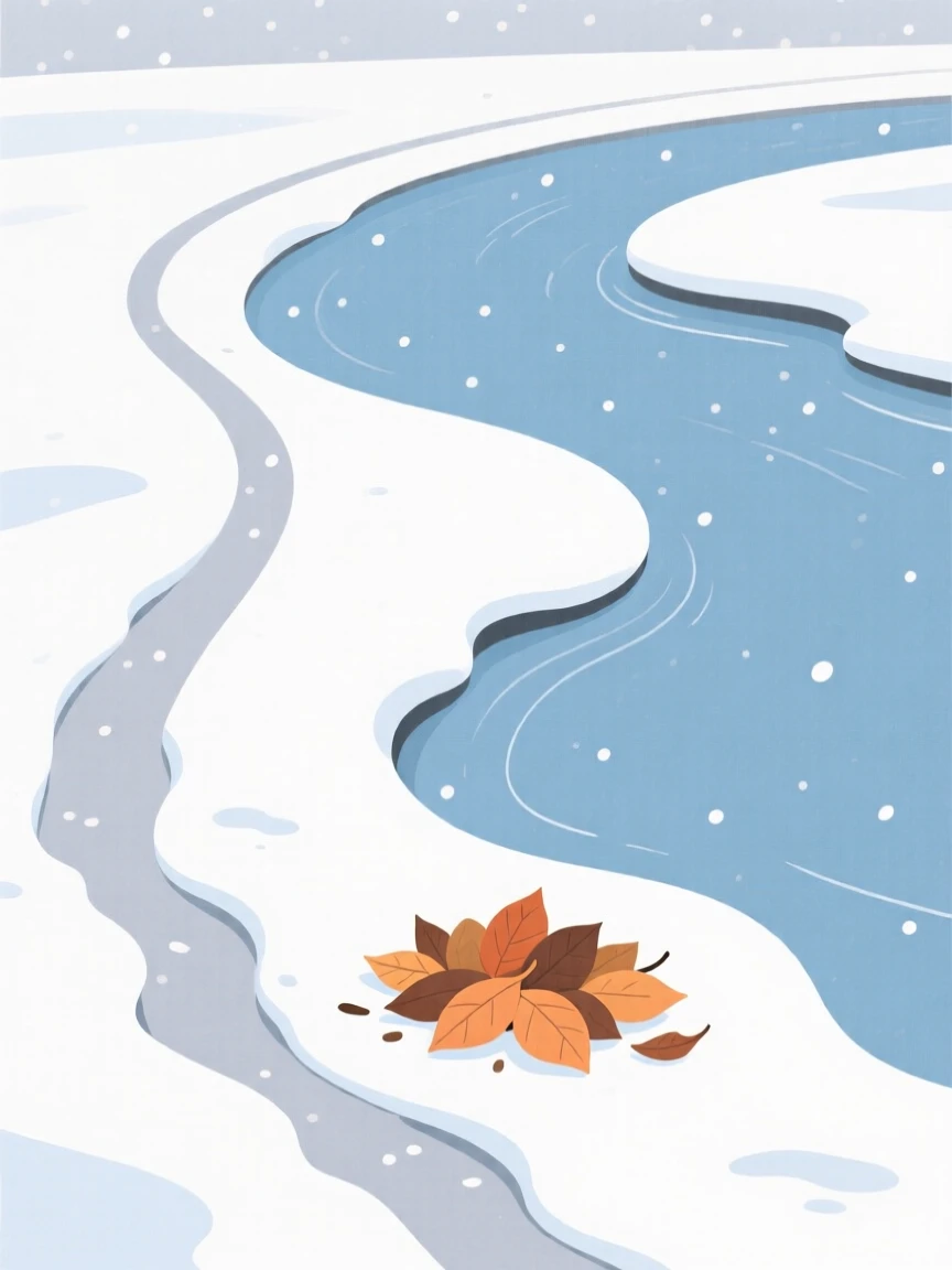 A first snowfall of winter covering a riverside path as a pile of raked leaves appears in the distance, full of quiet transformation.