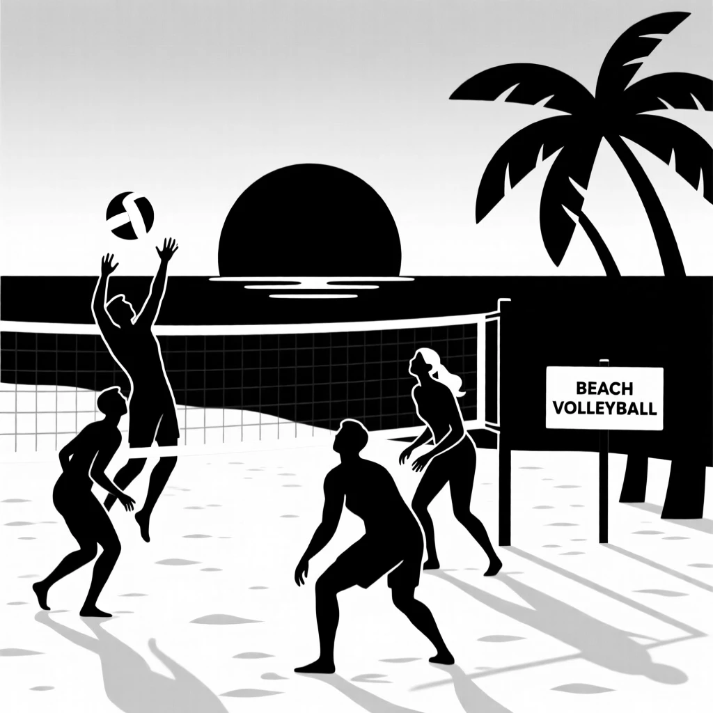 A group of friends playing beach volleyball at sunset.