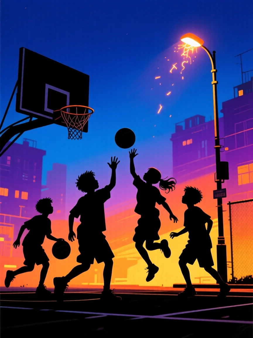 A group of kids playing street basketball under a flickering streetlight.