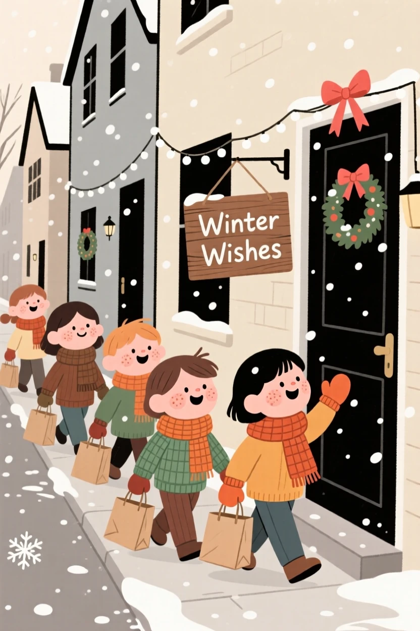 Children in knitted scarves and mittens carry small paper bags through a quiet neighborhood street decorated for a winter celebration, giggling at every doorway.