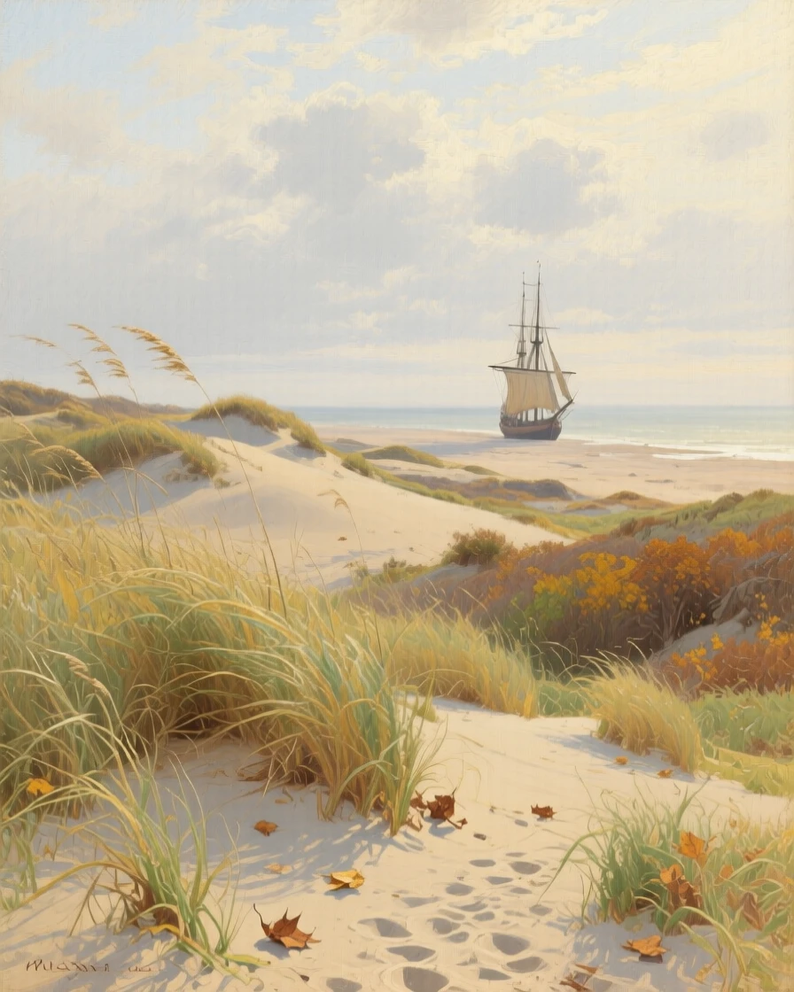 A wide establishing shot of a coastal dune landscape with tall grass bending in the wind, in mid-autumn, in the age of sailing ships.