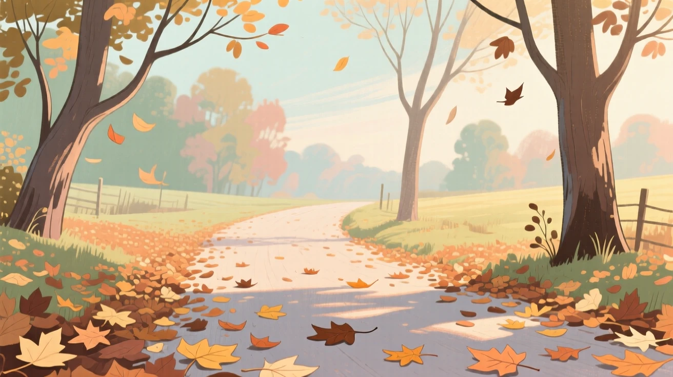A country lane blanketed in fallen autumn leaves