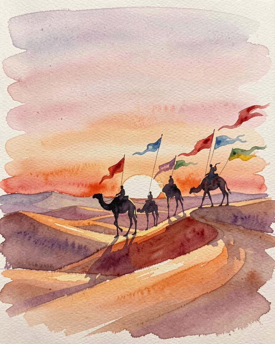 A camel trek silhouetted against a desert sunset on a clear summer afternoon with colorful flags fluttering in the breeze.