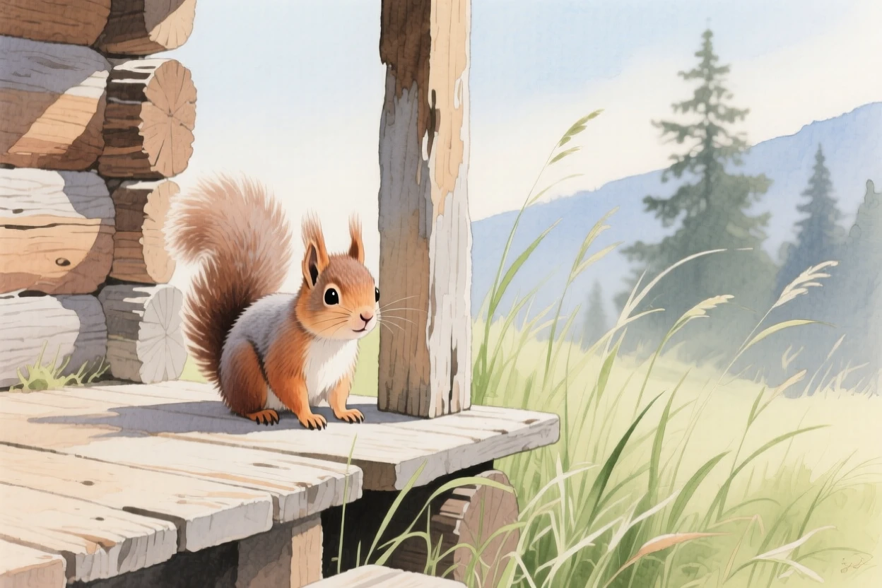 A baby squirrel peeks out curiously in a mountain cabin porch, while a gentle breeze stirs the grass