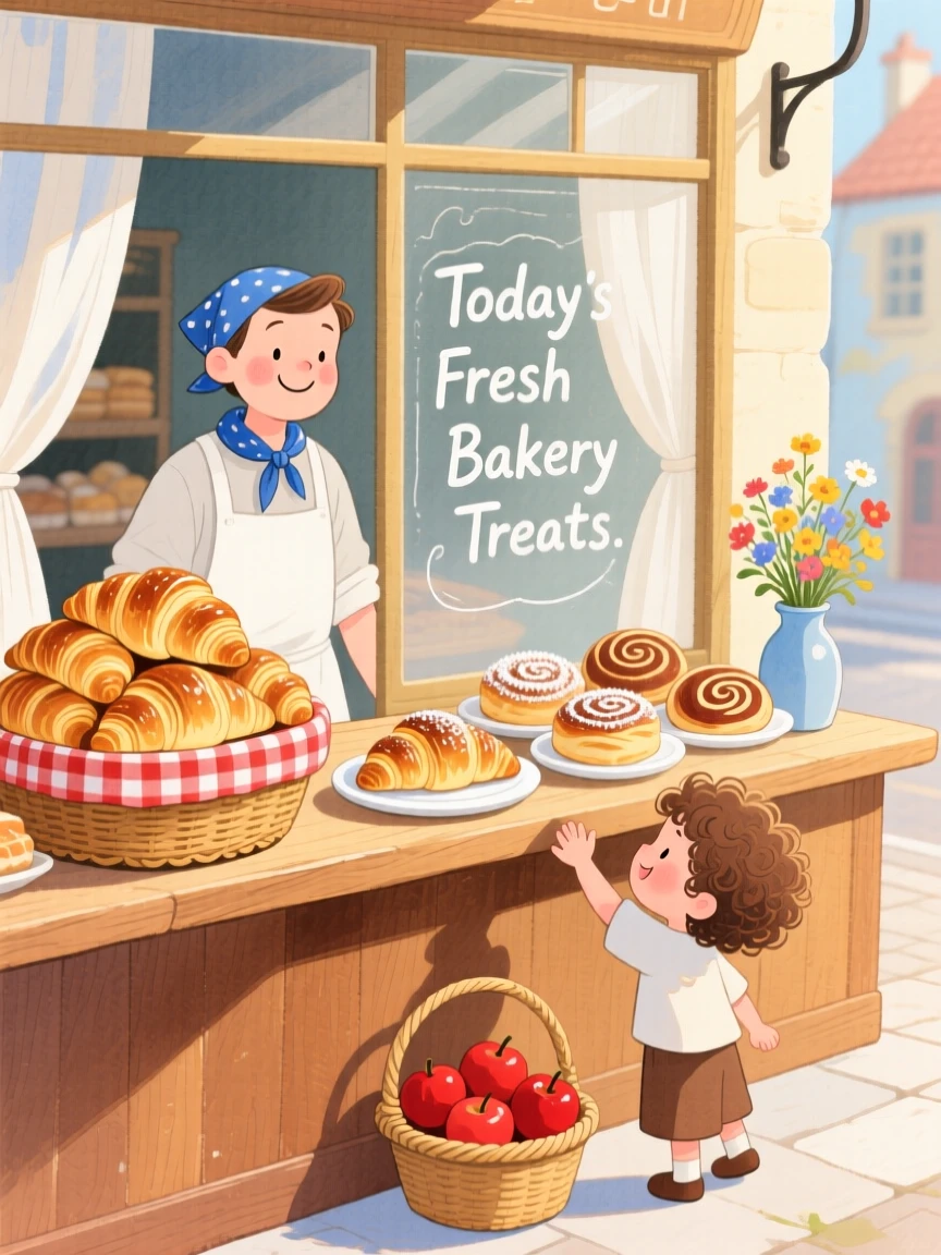 A bakery counter piled with fresh croissants and cinnamon rolls, bustling gently with everyday village life.