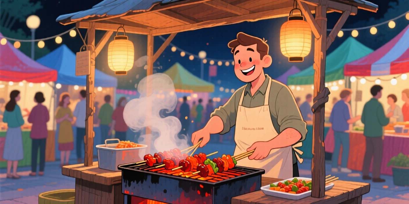 A street vendor grilling skewers over glowing coals at a night market, radiating delicious coziness.