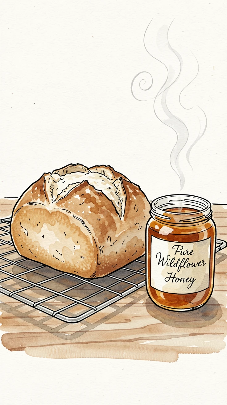 A rustic loaf of sourdough bread cooling on a wire rack beside a jar of honey, steam curling gently into the warm kitchen air.