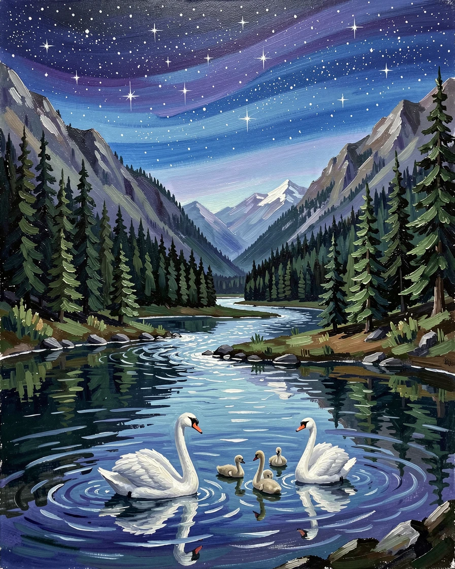 Under a canopy of stars, the water rippling faintly, a chain of interconnected lakes fed by a mountain stream, surrounded by towering pine-covered mountains, a family of swans gliding across the still surface.