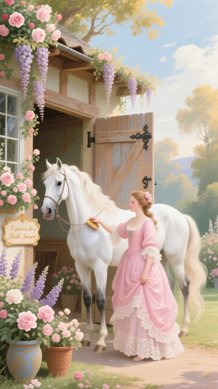 A girl brushing her horse beside a stable decorated with flowers  