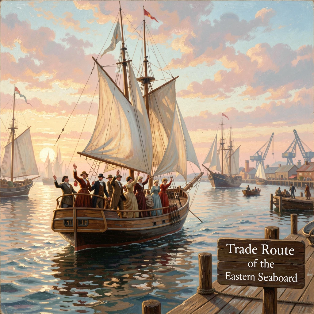 A schooner drifts silently through a busy trade route as passengers wave farewell.