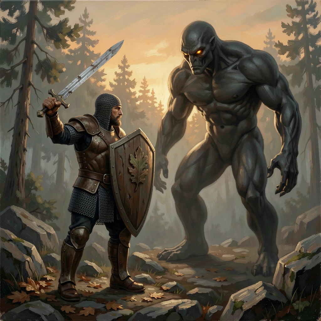 A lone warrior facing off against a massive shadow creature at twilight, with dramatic, cinematic lighting enhancing the sense of wonder, combining epic scale with rich, immersive atmospheric detail