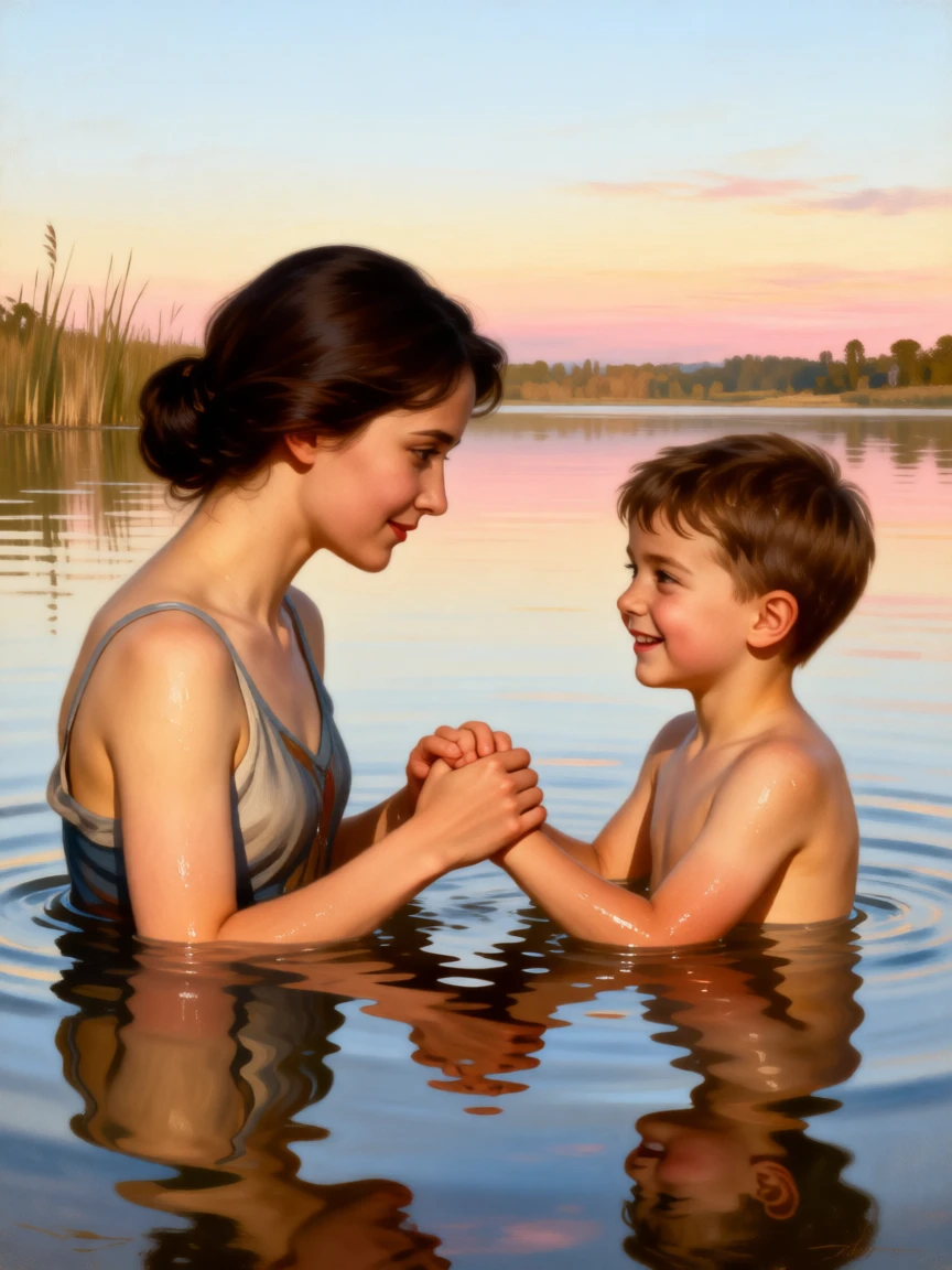 A big sister teaching her little brother to swim in a calm lake in a scene glowing with warmth and quiet devotion, set beside a lakeshore glowing under a soft evening sky, with soft golden light catching genuine, unguarded smiles; the composition draws the eye naturally to interlocked hands or shared eye contact, suggesting the enduring bonds between generations.